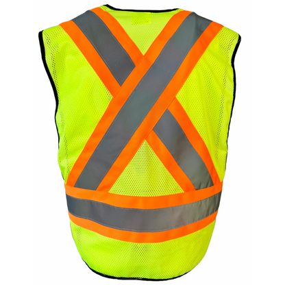  Hi-vis yellow mesh traffic safety vest front view with orange and grey reflective strips