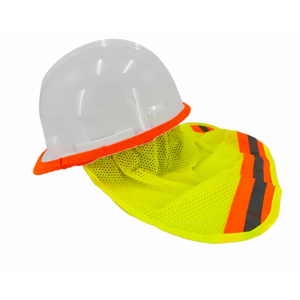 Hi-vis yellow neck shade with orange reflective trim shown beside white hard hat
