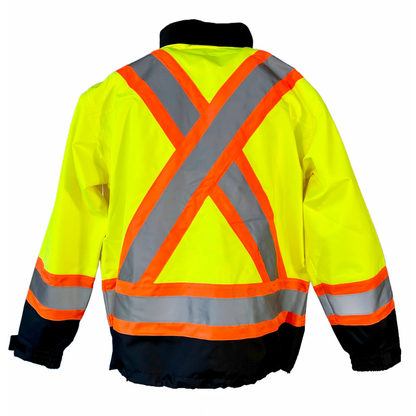 Hi-vis yellow safety bomber jacket back view with orange and grey X-pattern reflective tape