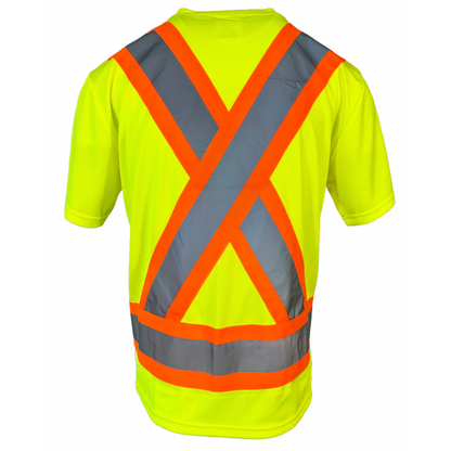 Hi-vis yellow safety t-shirt back view with orange and grey X-pattern reflective tape