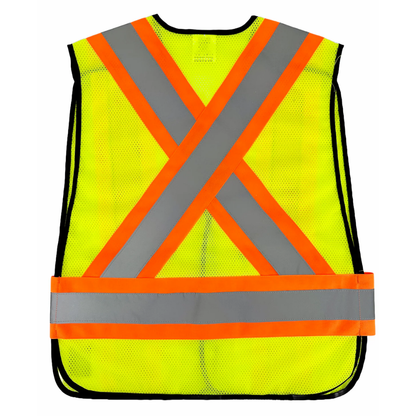  Hi-vis yellow safety vest back view with X-pattern orange and grey reflective tape