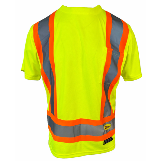 Hi-vis yellow short sleeve safety t-shirt side back view with orange grey reflective stripes