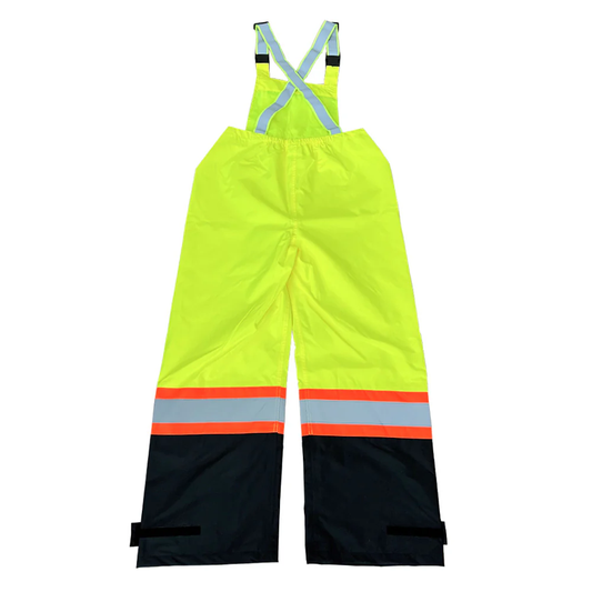 Hi-vis yellow waterproof safety bib overalls with orange reflective stripe and black bottom