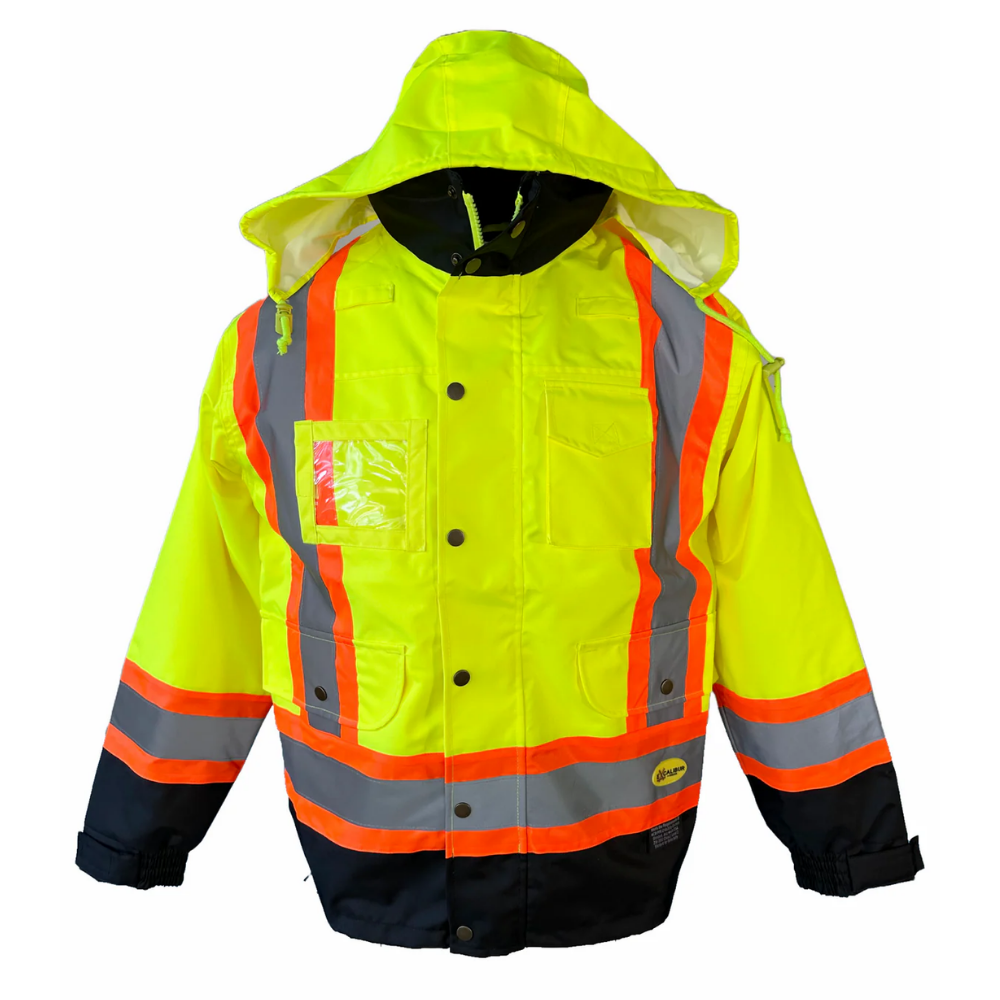 Hi-vis yellow waterproof safety bomber jacket with hood orange reflective tape and black bottom
