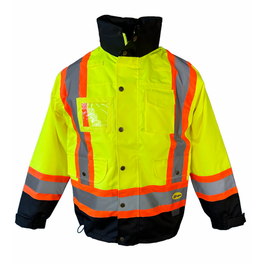 Hi-vis yellow waterproof safety jacket front view with orange reflective bands and black bottom
File