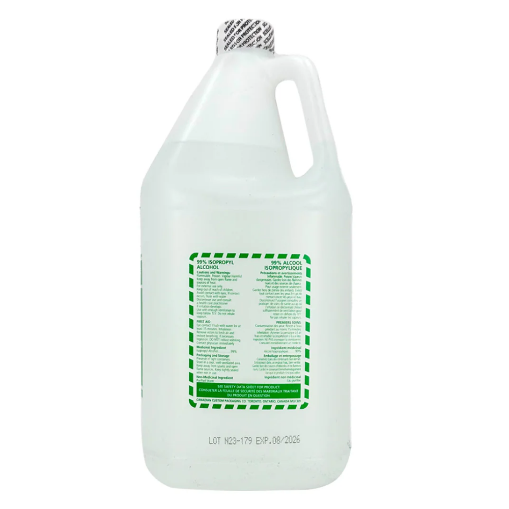 Detailed view of the LEO 99% IPA label, highlighting its use as a powerful technical-grade solvent and surface sanitizer.