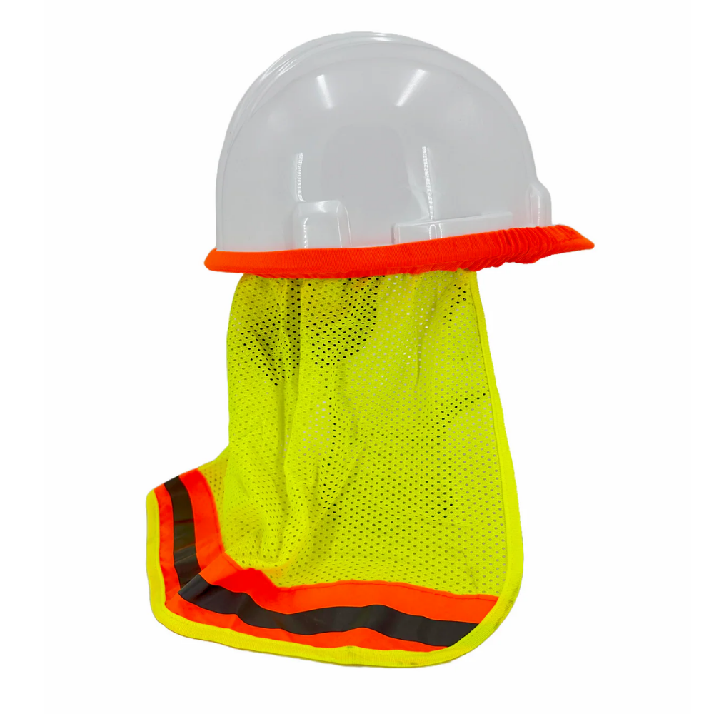 High visibility yellow mesh neck shade on white hard hat front view with orange reflective border
