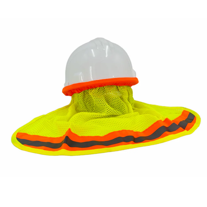 High visibility yellow neck shade fitted on white hard hat side angle view with orange reflective band