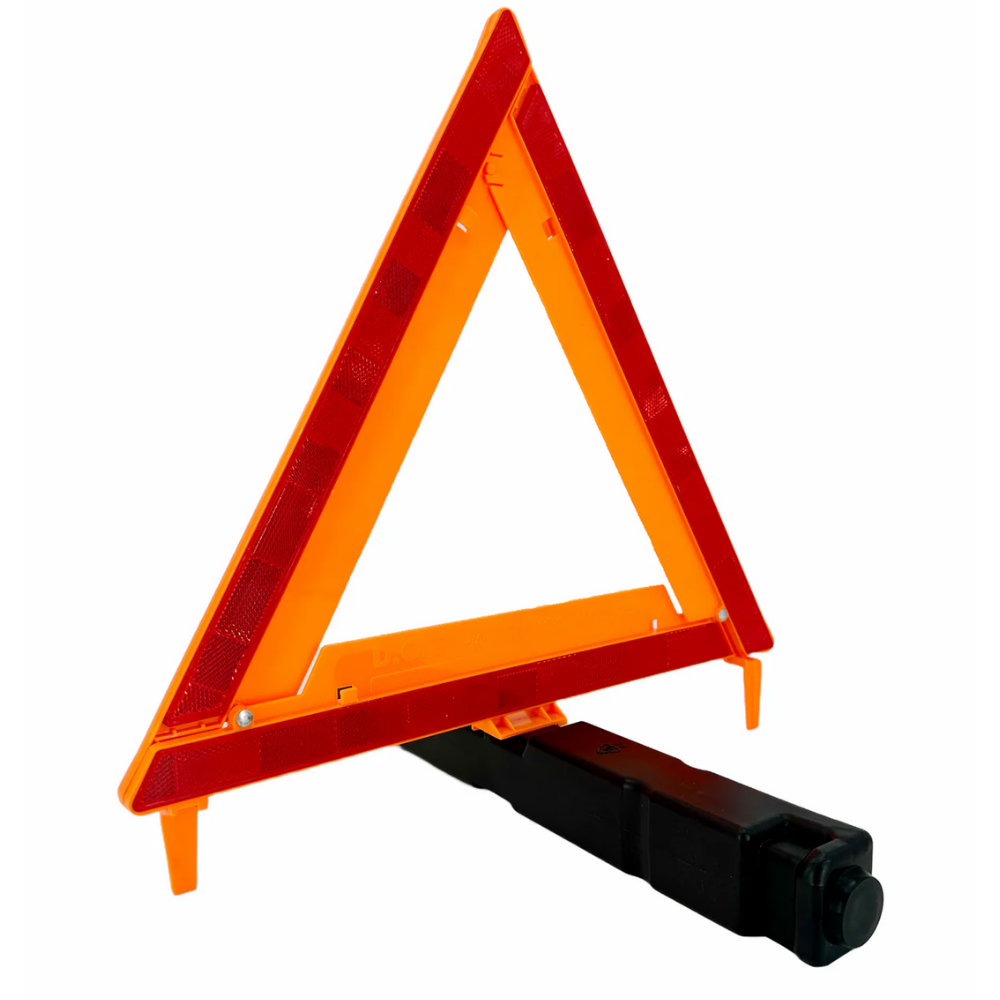 Close-up of the dual-sided acrylic reflectors on the LEO E-5004 triangle, designed for maximum retroreflectivity in low-light conditions.