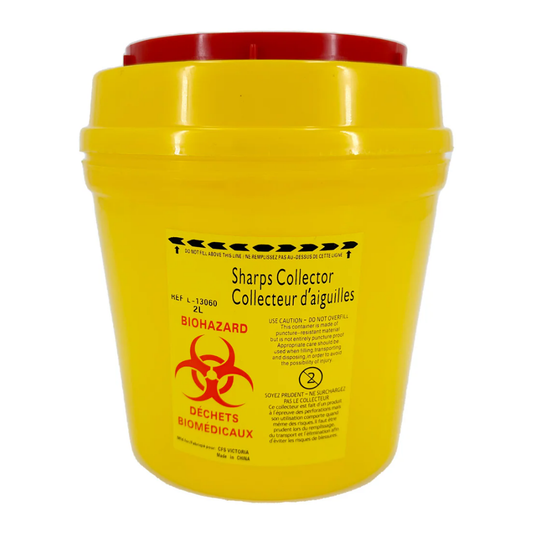 Hospital-grade LEO sharps disposal unit with vertical drop lid for clinics and labs.