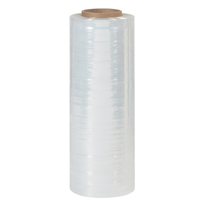 A single vertical roll of clear transparent eco-friendly Sigma Vanish hand stretch wrap film with a brown cardboard inner core isolated on a white background