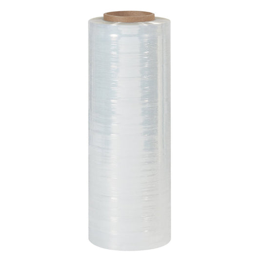 A single vertical roll of clear transparent eco-friendly Sigma Vanish hand stretch wrap film with a brown cardboard inner core isolated on a white background