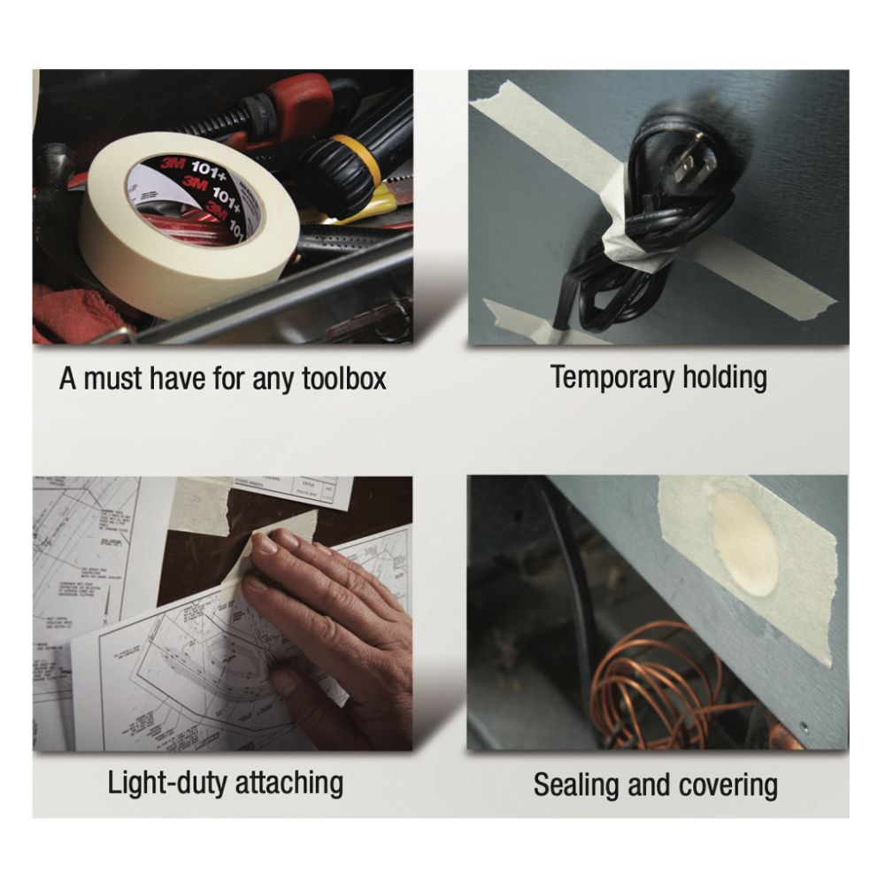 3M 101+ masking tape applications: toolbox essential, temporary cord holding, light-duty attaching, and surface sealing.