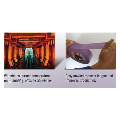 3M 501+ specialty high-temperature purple masking tape being unwound and showing heat resistance in an industrial oven.