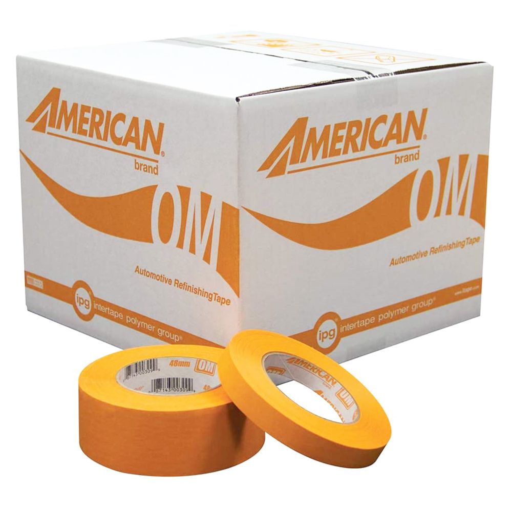 Case of Intertape Polymer Group (IPG) American Brand OM automotive refinishing masking tape.
