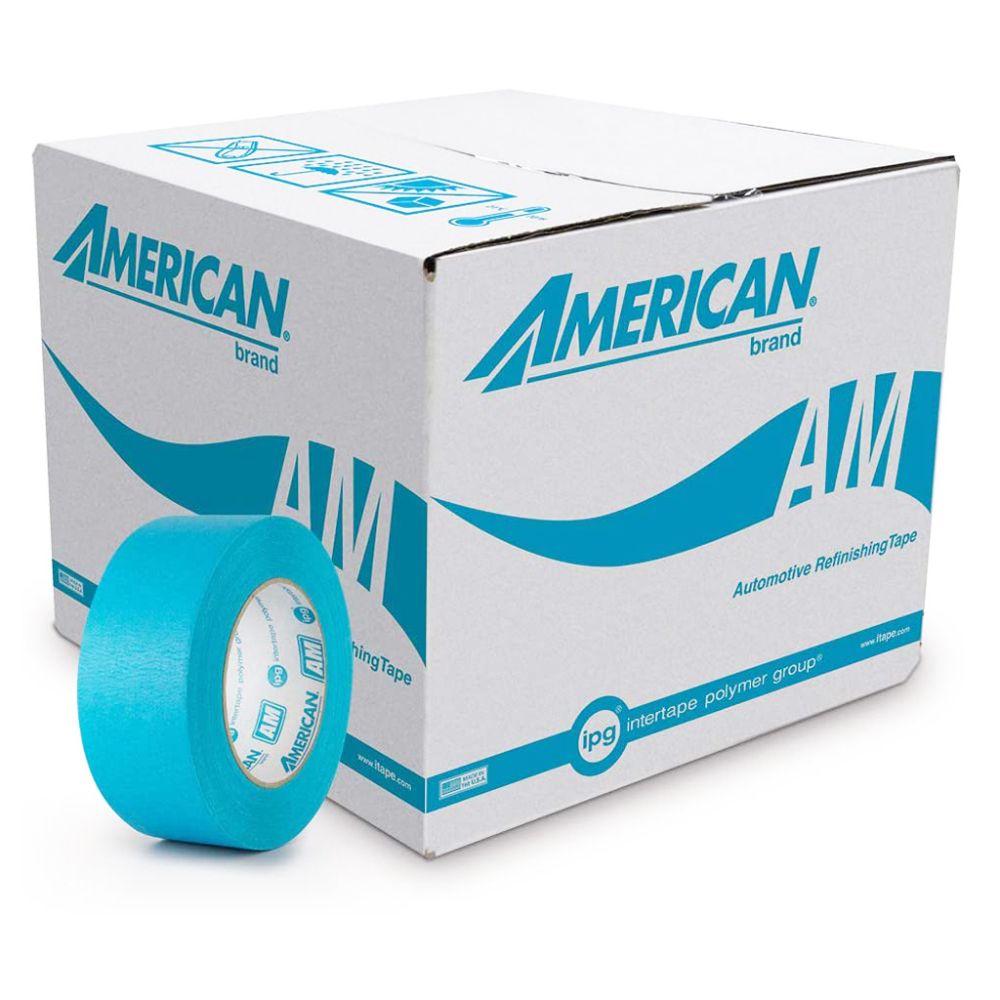Bulk case of American Brand AM automotive refinishing tape with individual roll