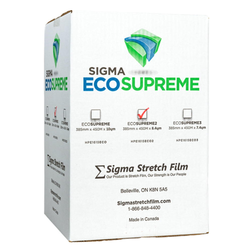 A single white packaging box for Sigma EcoSupreme hand film with a red checkmark on the EcoSupreme2 option showing specifications for model HPE1615ECO2 isolated on a white background