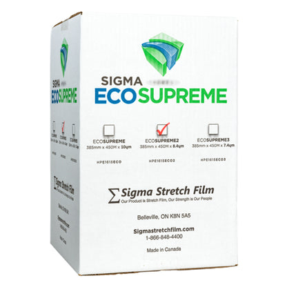A single white packaging box for Sigma EcoSupreme hand film with a red checkmark on the EcoSupreme2 option showing specifications for model HPE1615ECO2 isolated on a white background