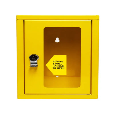 Yellow Emergency Air Horn Cabinet Front View with Rotate & Pull Handle