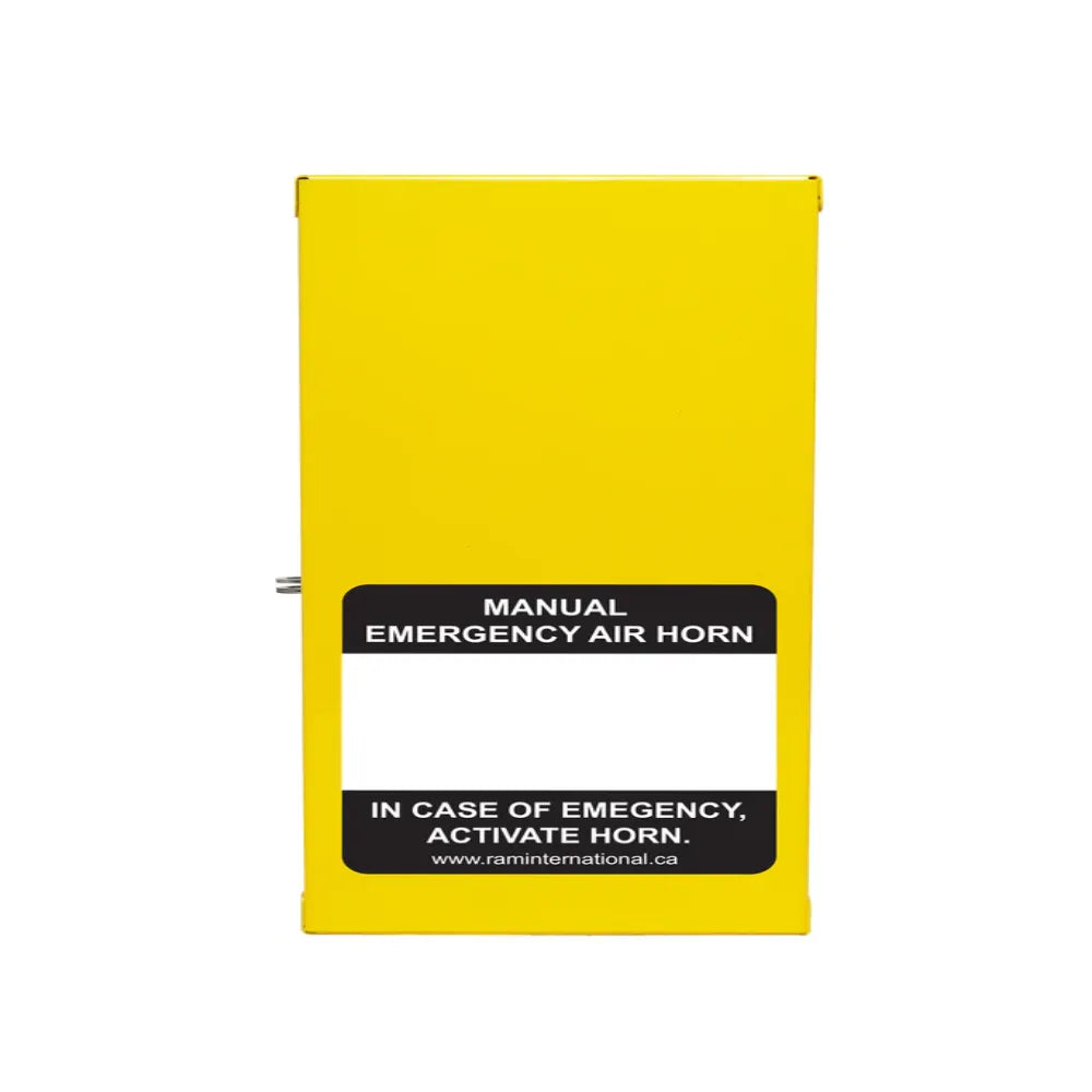 Yellow Manual Emergency Air Horn Cabinet Side View with Safety Label