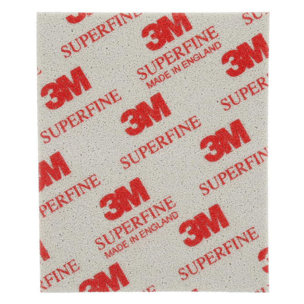 Single 3M 03810 superfine grade softback sanding sponge 115mm x 140mm showing grey foam abrasive face with red 3M Superfine branding made in England for ultra-fine finishing on clearcoat paint and primer