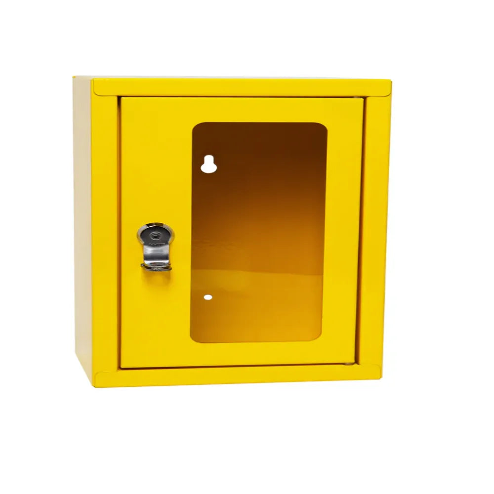 Yellow Emergency Air Horn Cabinet Angle View with Clear Window & Lock