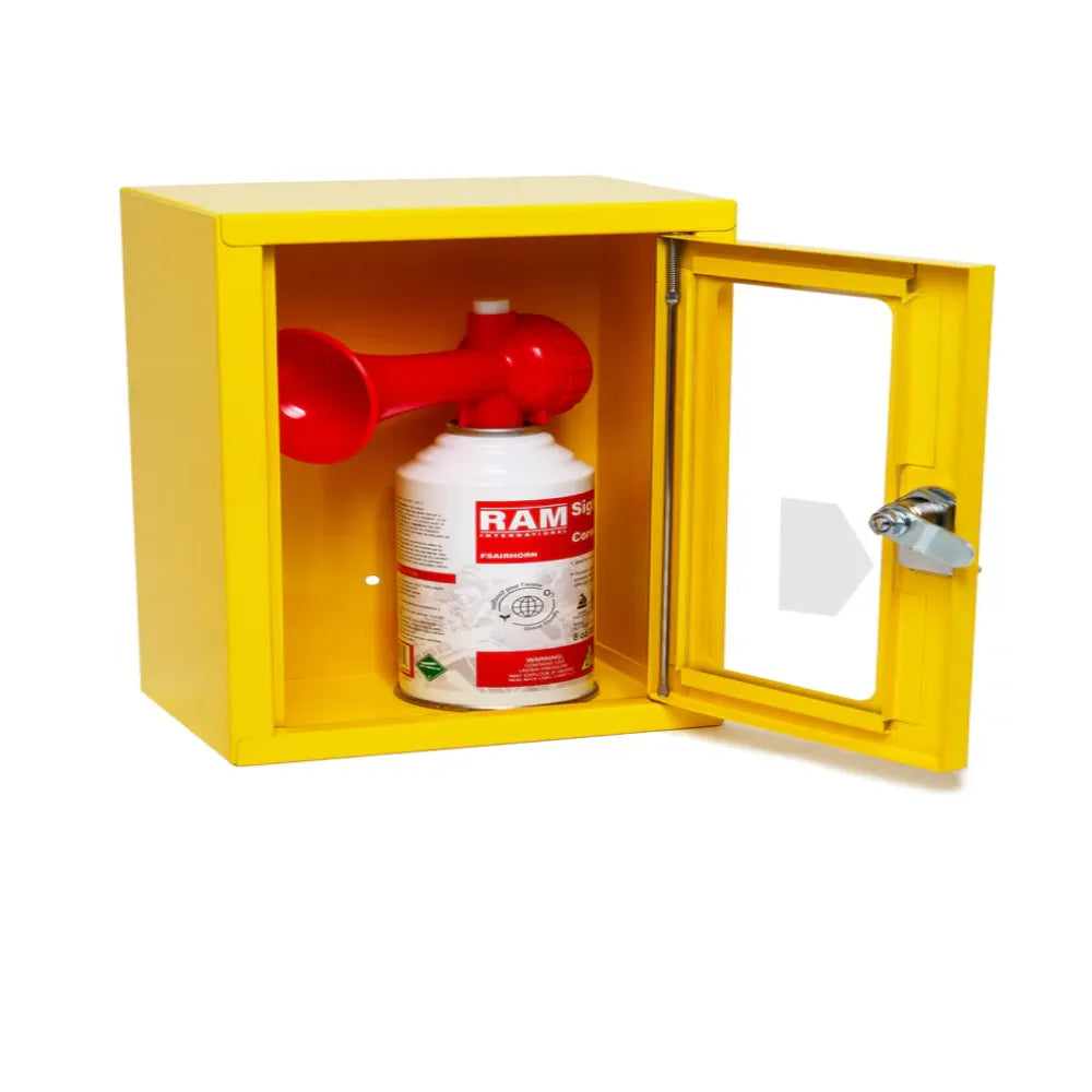 Emergency air horn inside yellow lockable safety cabinet