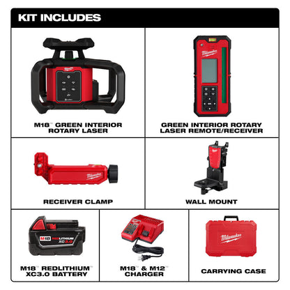 Milwaukee 3702-21 M18 Cordless 1000' Green Interior Rotary Laser Level Kit with Remote/Receiver & Wall Mount Bracket