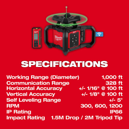 Milwaukee 3702-21 M18 Cordless 1000' Green Interior Rotary Laser Level Kit with Remote/Receiver & Wall Mount Bracket