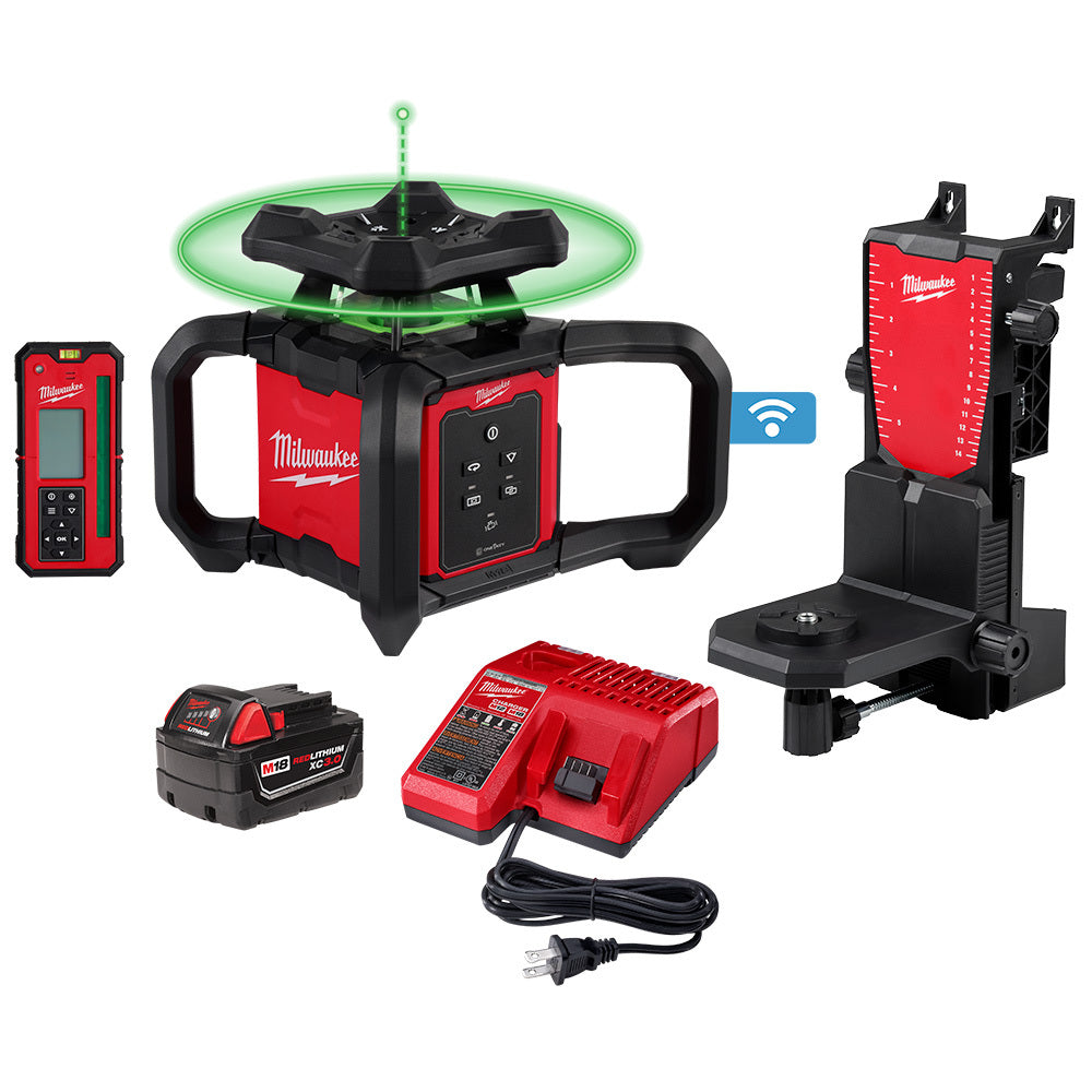 Milwaukee 3702-21 M18 Cordless 1000' Green Interior Rotary Laser Level Kit with Remote/Receiver & Wall Mount Bracket
