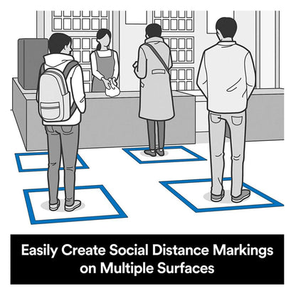 Line drawing showing people standing in blue taped squares to maintain social distance while waiting at a counter.