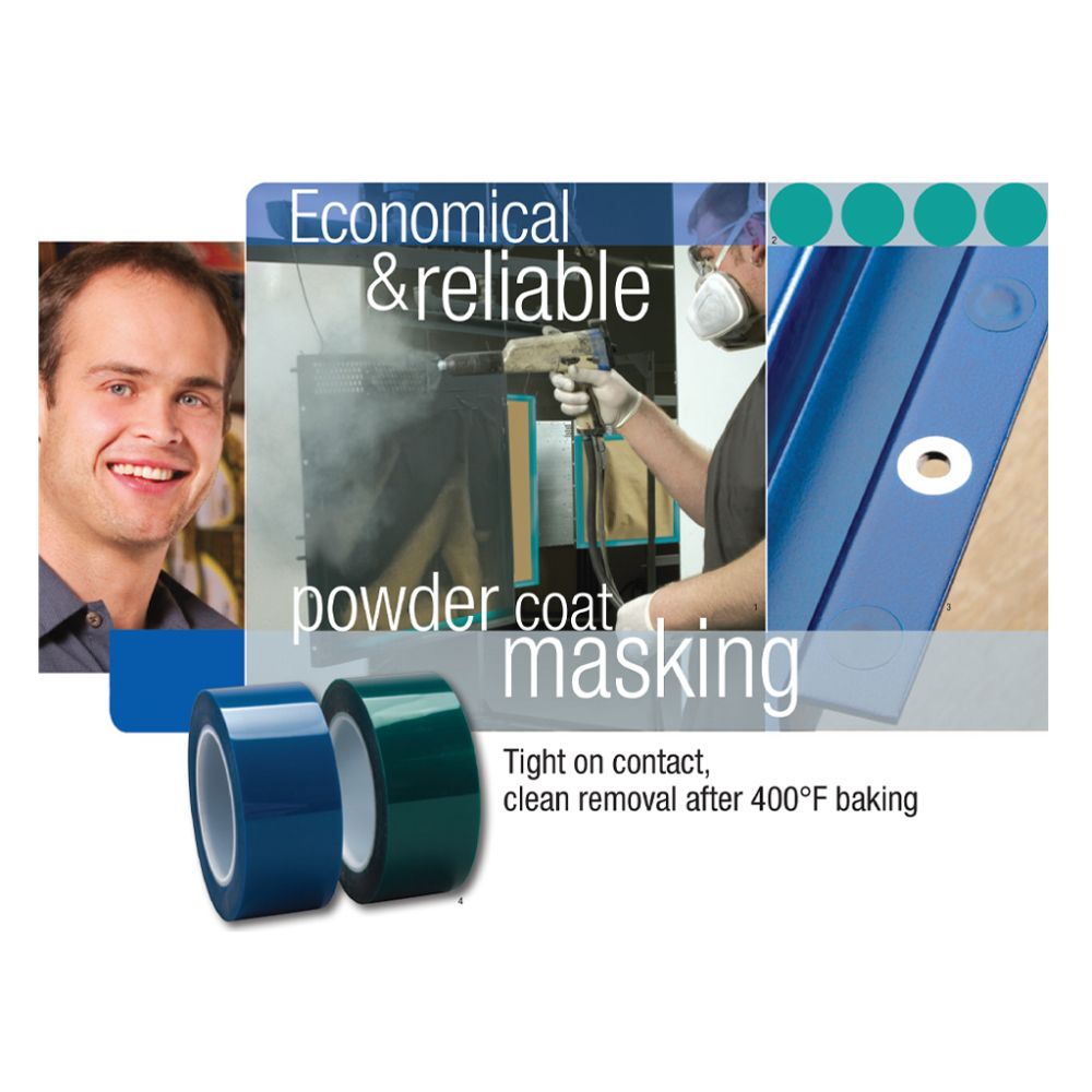 High-temperature powder coat masking tape being applied during a professional spray coating process.