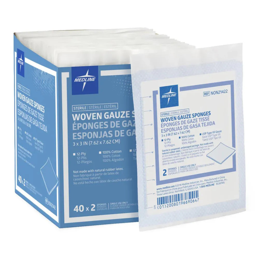 Medline NON21422 Sterile Woven Gauze Sponges 3x3IN 12-Ply 100% Cotton 40x2/Box