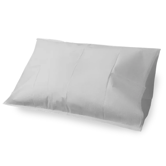 Single white disposable FSPILLOWC pillowcase, 21x30 inches, featuring a soft non-woven tissue surface and moisture-resistant poly backing.