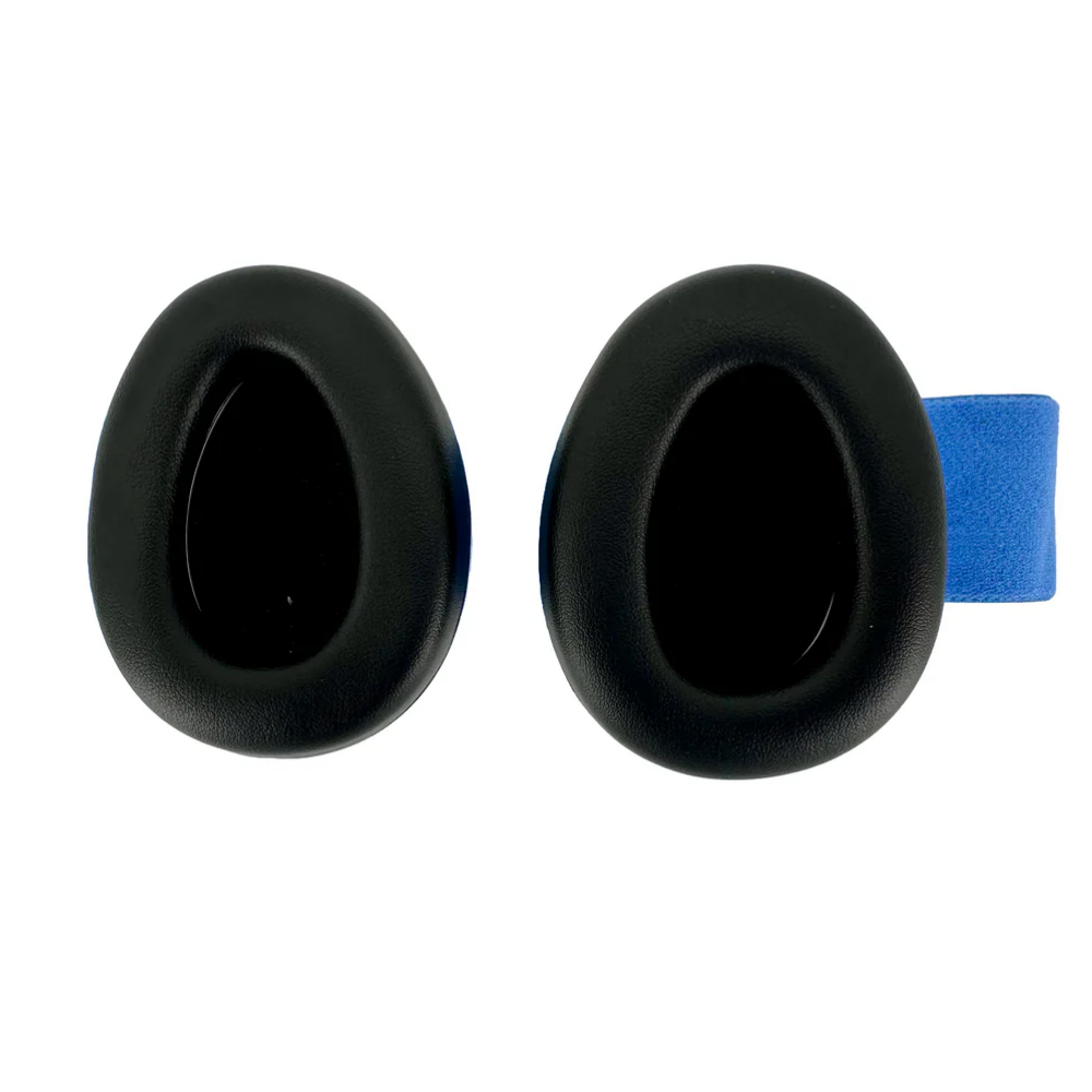 Close-up of the loose LEO C-CFS BM1 infant ear muffs featuring two light-blue acoustic shells connected by an adjustable soft mosaic pattern elastic headband.