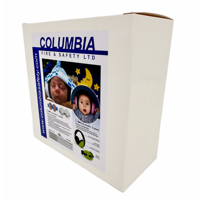 Side perspective view of the Columbia Fire & Safety brand packaging for infant overhead style ear muffs, illustrating safety enforcement symbols.