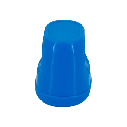 An inverted view of the blue LEO plastic eye wash cup standing on its rim, showcasing the sturdy base structural profile.