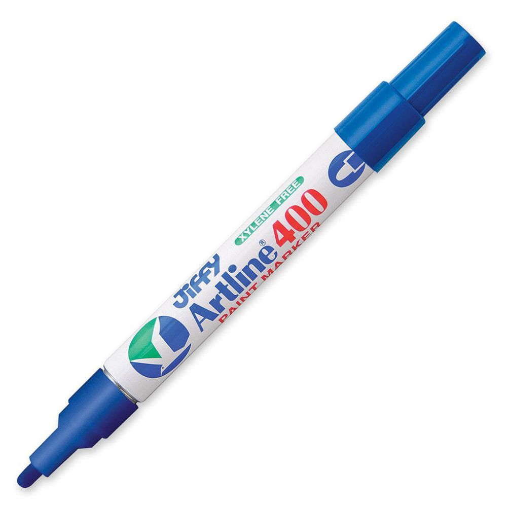 A single blue Jiffy Artline 400 paint marker with its cap off showing the bullet tip.