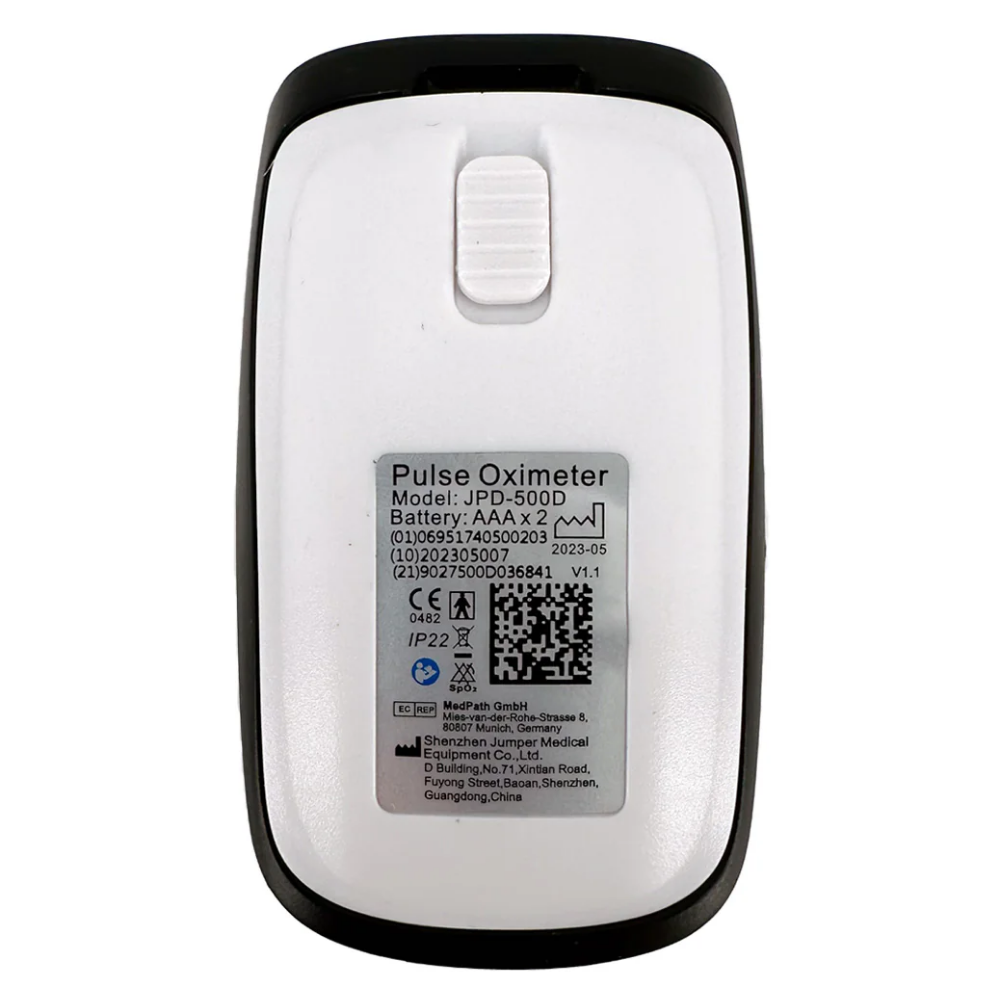Jumper JPD-500D Pulse Oximeter Back View with Model Label and Certifications