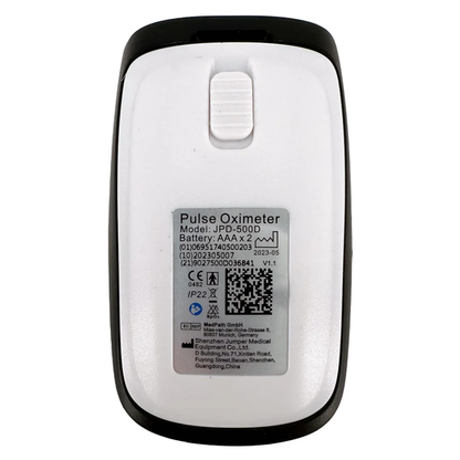 Jumper JPD-500D Pulse Oximeter Back View with Model Label and Certifications