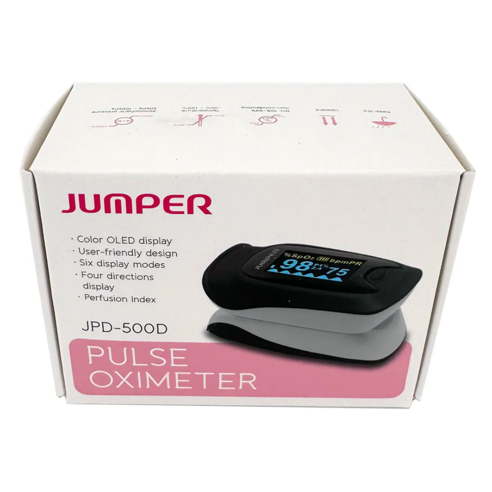 Jumper JPD-500D Pulse Oximeter Box Front View with Color OLED Display Features