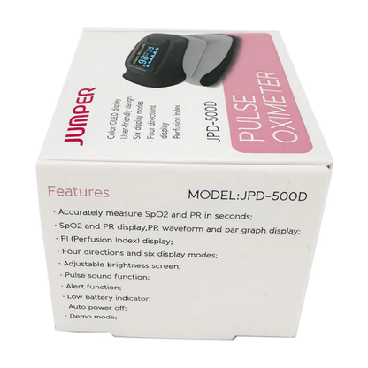 Jumper JPD-500D Pulse Oximeter Box Side View with Features and Specifications