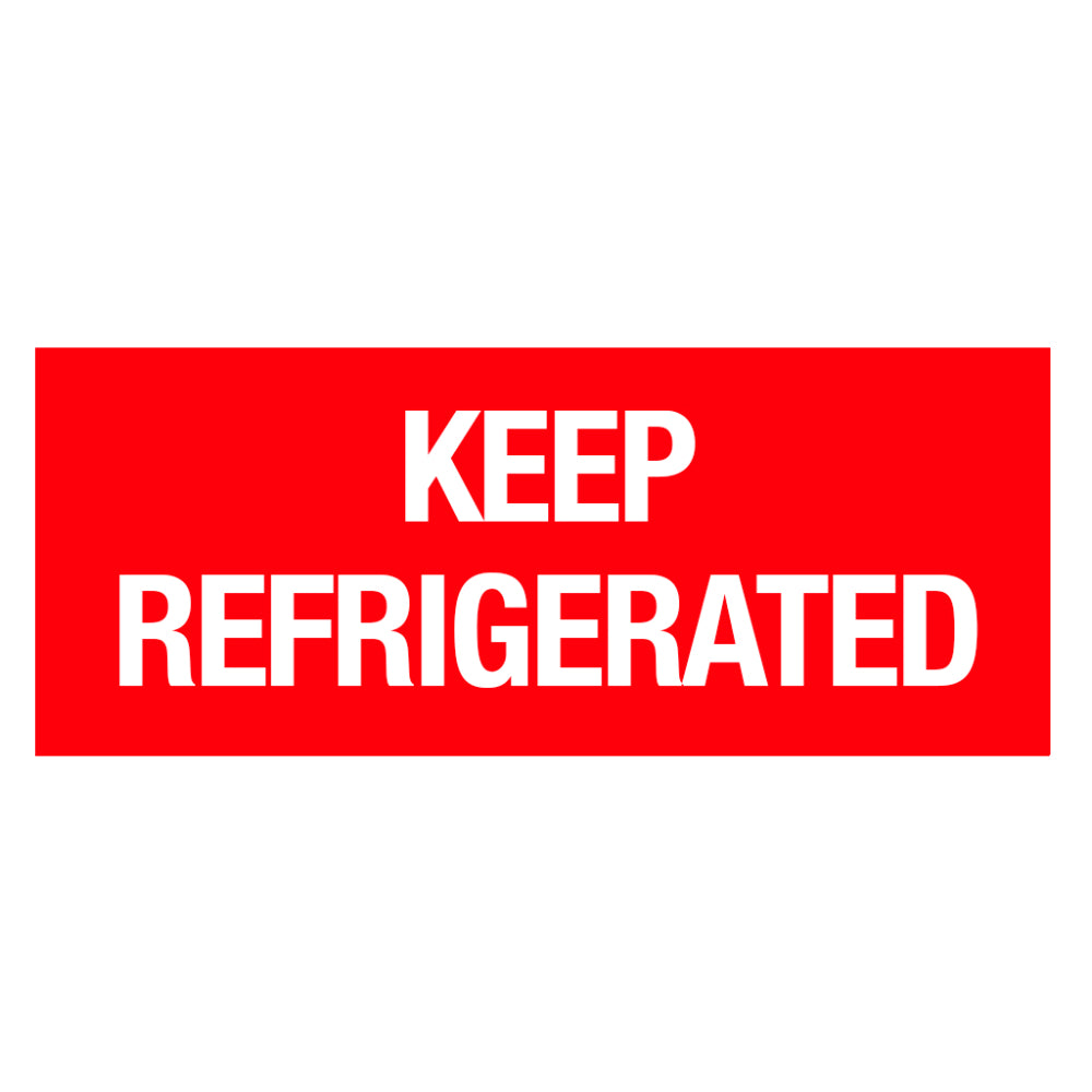 A single rectangular shipping label with a vibrant red background and bold white text reading KEEP REFRIGERATED