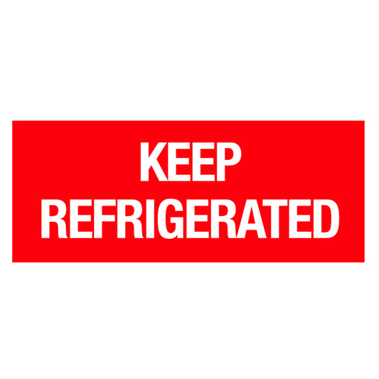 A single rectangular shipping label with a vibrant red background and bold white text reading KEEP REFRIGERATED