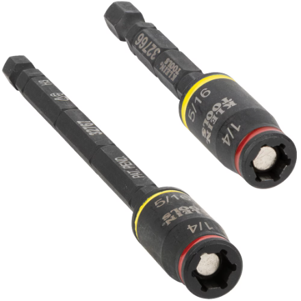 A 2-piece Klein Tools 3-in-1 Flip Impact Socket Set featuring interchangeable 1/4-inch and 5/16-inch hex sizes for professional impact drivers.