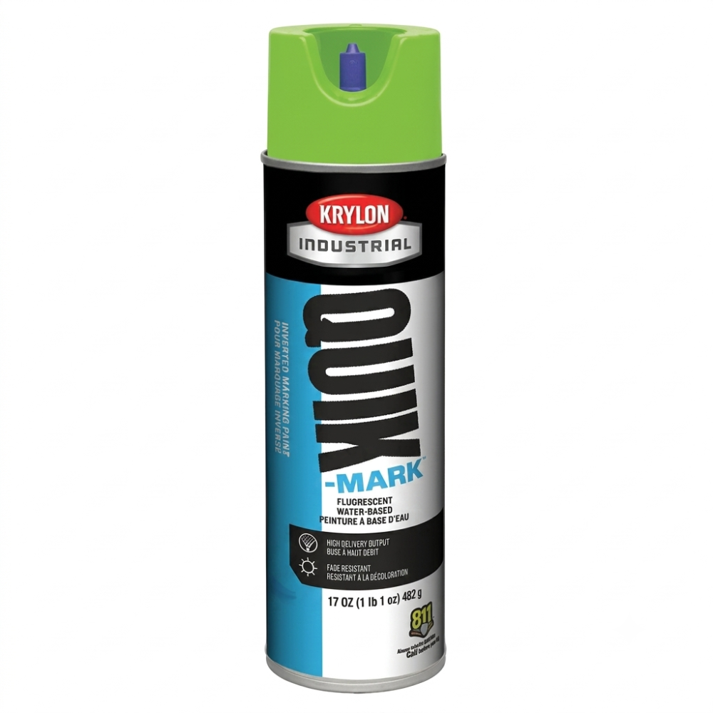 Krylon Industrial Quik-Mark fluorescent green inverted marking paint spray can, 17 oz water-based high-visibility paint