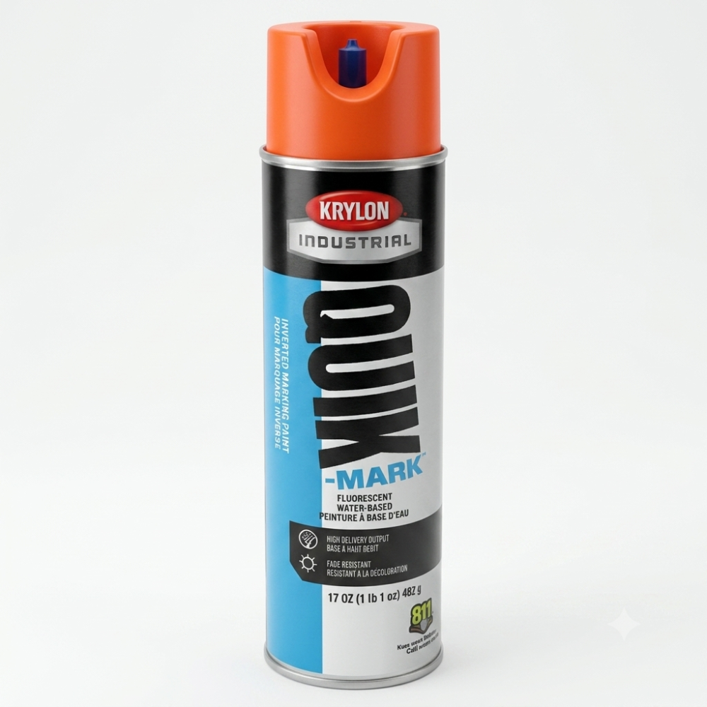 Krylon Industrial Quik-Mark fluorescent orange inverted marking paint spray can on studio background, 17 oz water-based high-visibility paint
