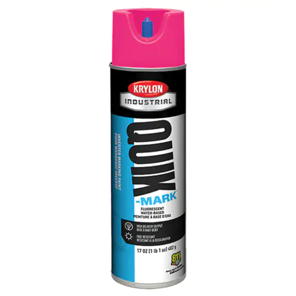 Krylon Industrial Quik-Mark fluorescent pink inverted marking paint spray can, 17 oz water-based high-visibility pain