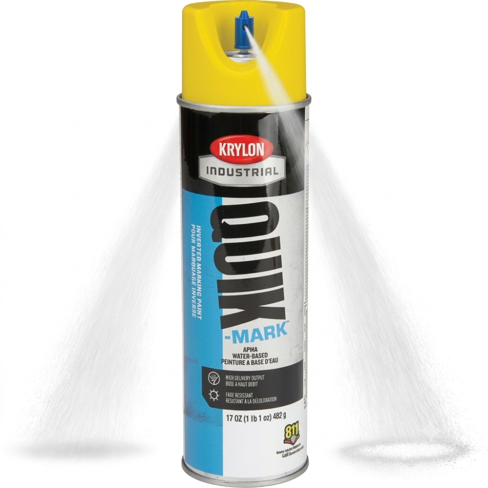 Krylon Industrial Quik-Mark yellow inverted marking paint spray can in action, 17 oz water-based APWA paint