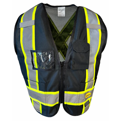 Black surveyor safety vest front view with yellow reflective bands multi pockets and ID window